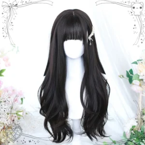 close-up front view long curly synthetic lolita wig neat air bangs cool brown hair texture with side clip