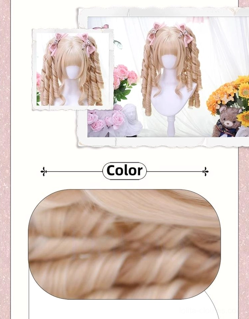 lolita wig color and texture detail preview light blonde spiral curl close-up flat lay product angles color label