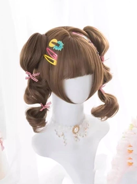 Chestnut brown lolita wig with blunt bangs front three-quarter angle showing colorful plastic hair clips and pink bow decorated ponytails with elegant jewelry