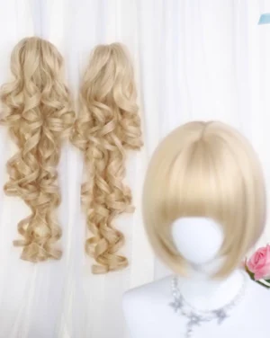 blonde lolita wig components showing short bob base wig cap and separate long curly roman roll ponytail attachments side front view