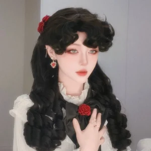 Black spiral curly Lolita wig with detachable ponytails, red flower hairpin and drop earrings on ruffled white vintage blouse