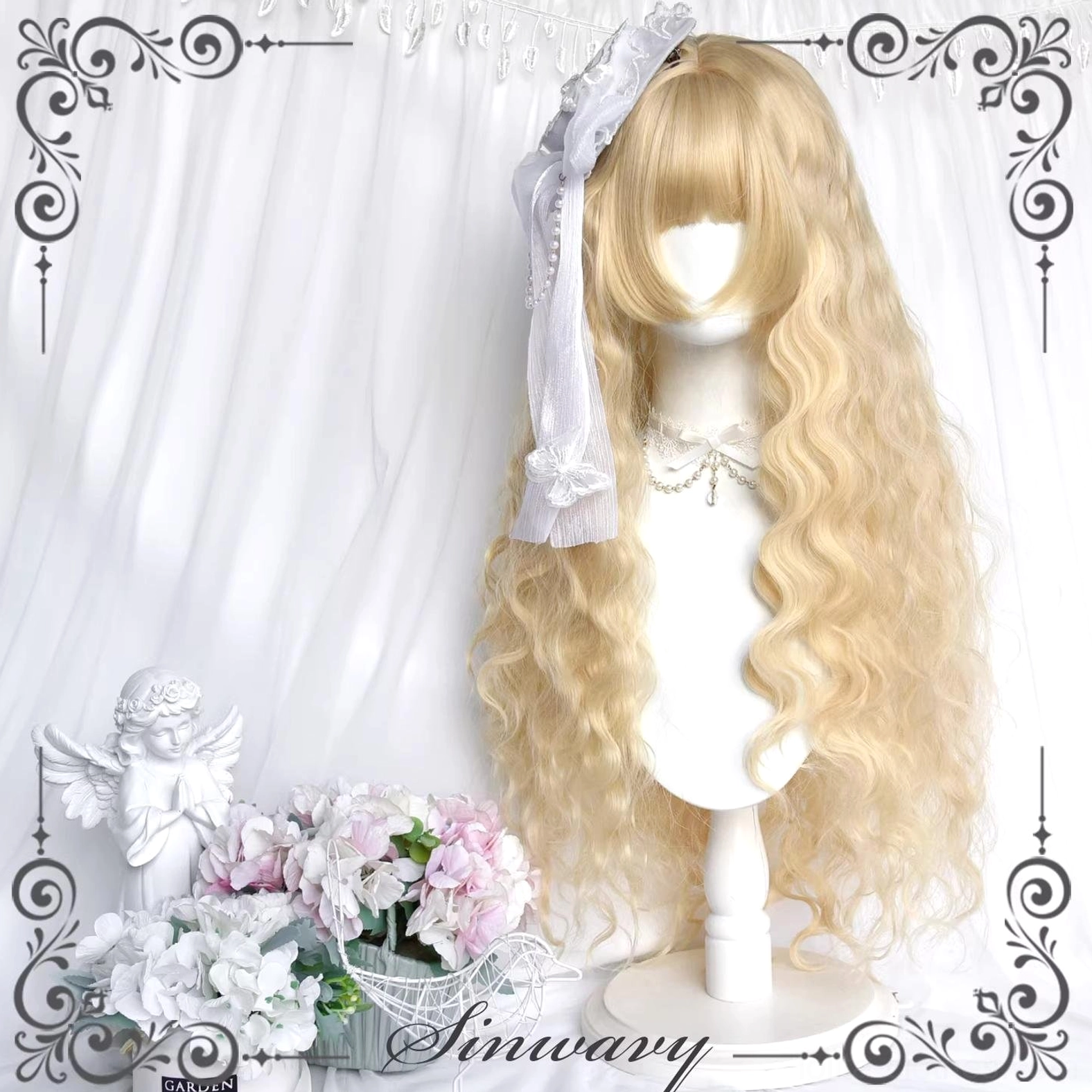 Side-front angle view of golden blonde Lolita wig with layered bangs, loose curls, and light grey bow accessory, displaying dimensional wave pattern and sideburn detail