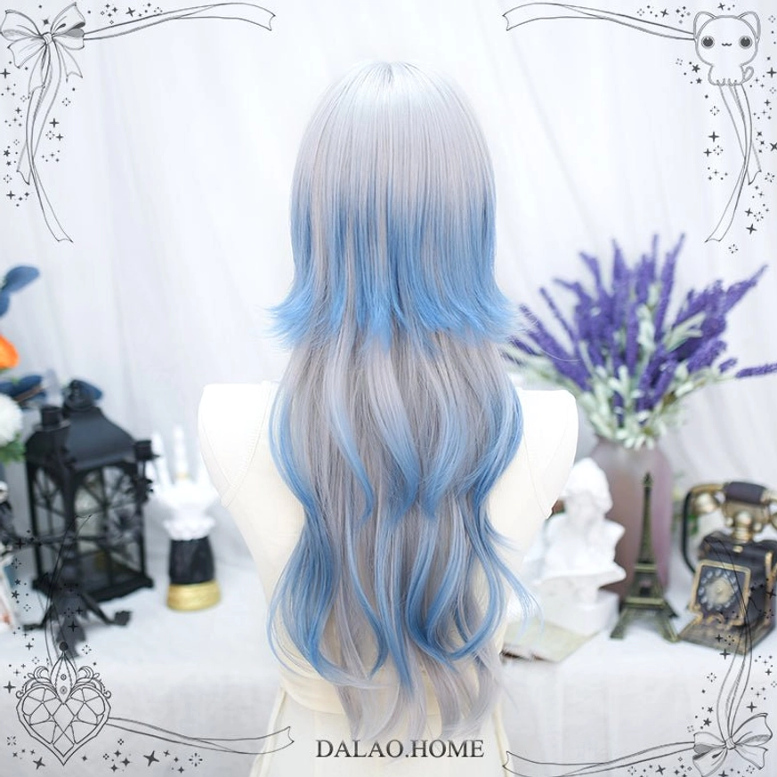 Full back view of gray-blue ombre lolita long curly wig displaying complete color gradient from silver gray roots to sky blue tips on mannequin display