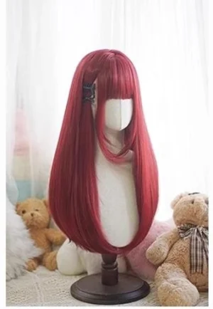 Wine red lolita wig left side front angle view with blue decorative hair clip - straight long hair matte texture heat resistant silk fiber