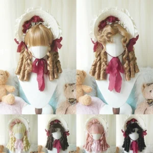 Light ash brown retro lolita short roman curl wig with blunt bangs and twin curly pigtails displayed on mannequin wearing straw bonnet with wine red ribbon bows vintage lolita styling teddy bear props
