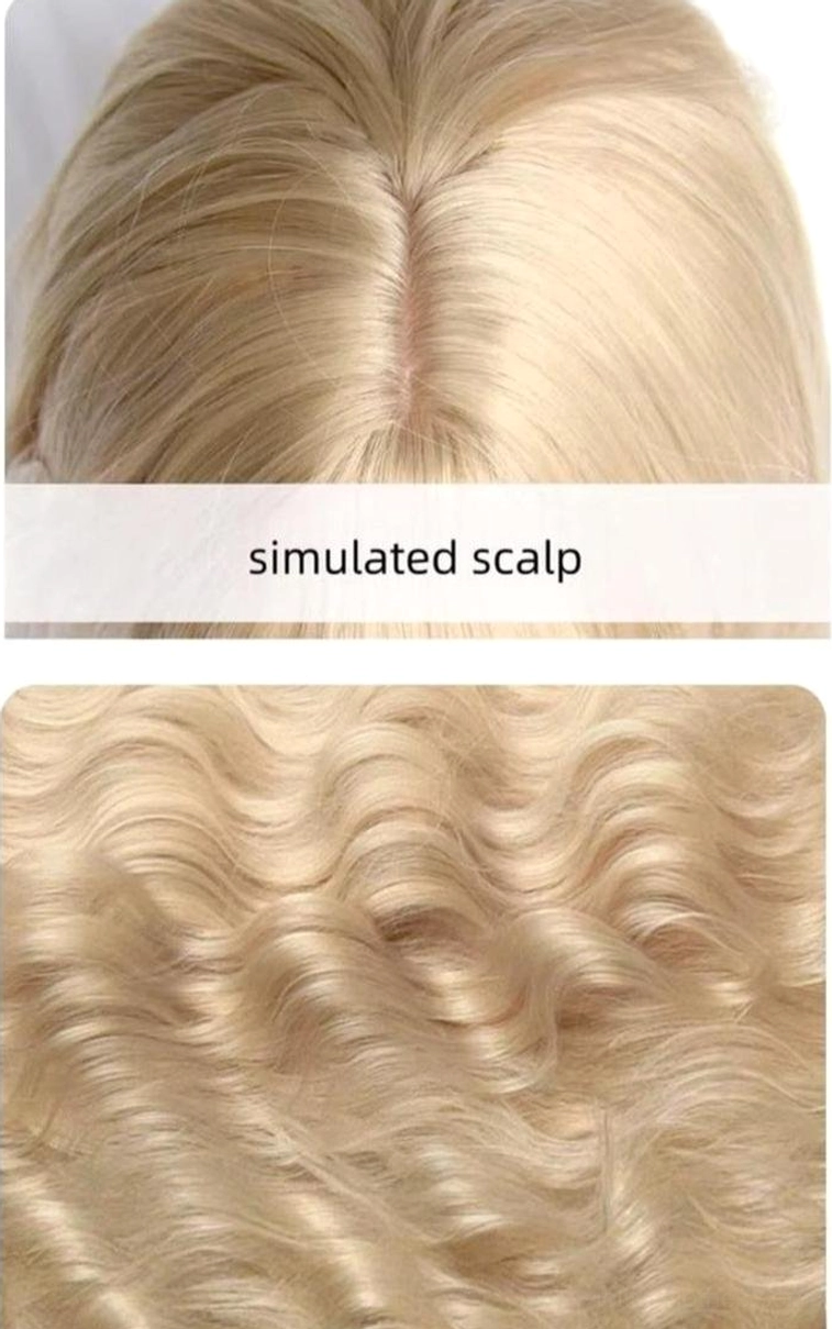 Close-up top-down detail shot of wig simulated scalp with natural-looking parting line in light blonde hue, demonstrating realistic scalp design