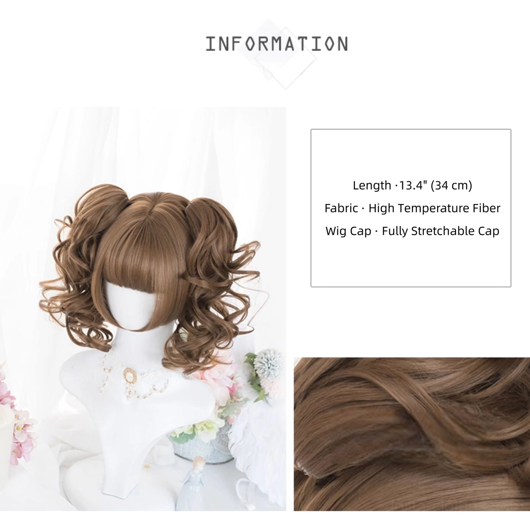 Lolita wig product specifications close-up showing chestnut brown synthetic hair texture natural wavy curl high-temperature fiber thirteen-point-four inches length