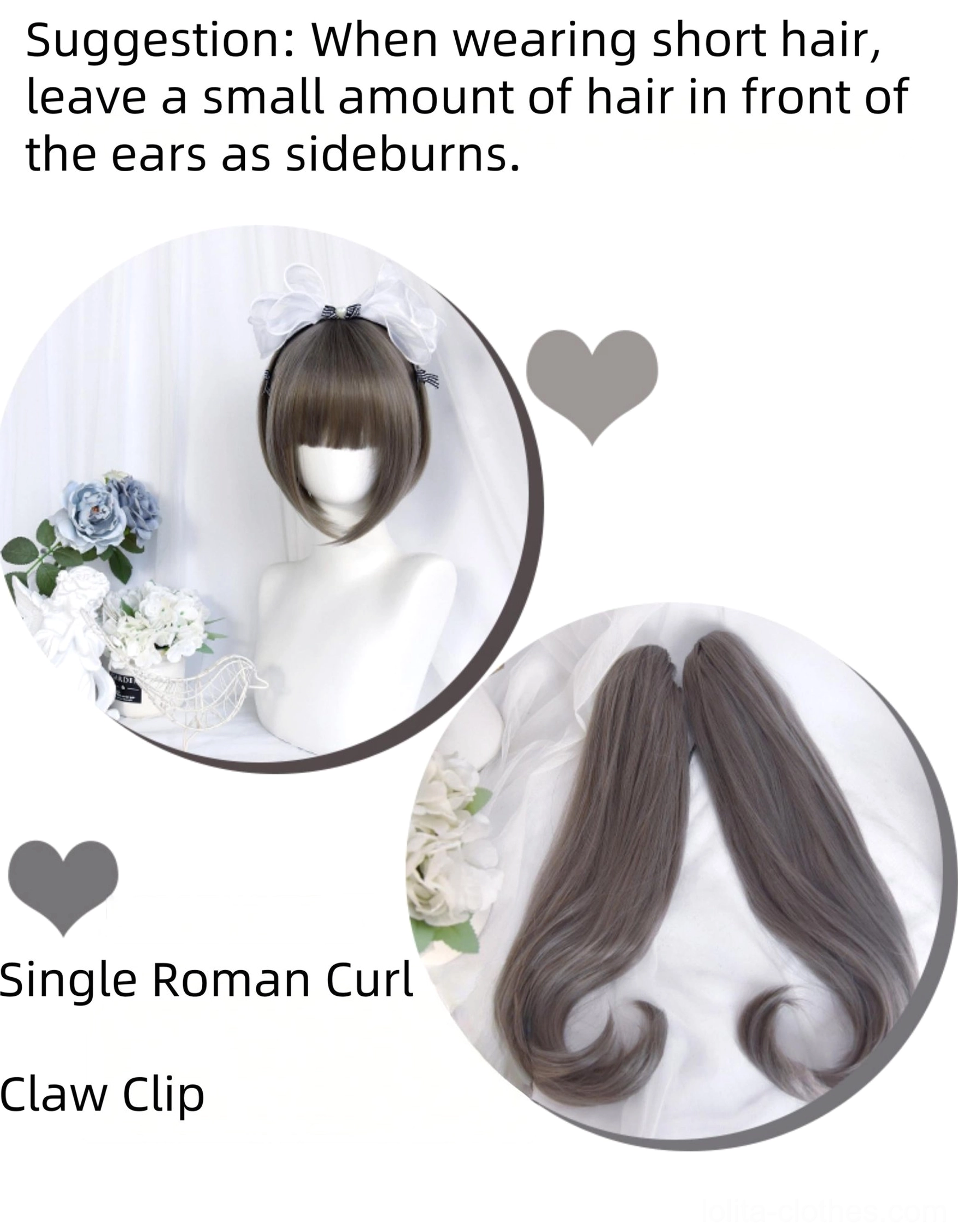 Lolita wig styling tips circular close-up short bob hair Roman curl claw clip ponytail accessories detail
