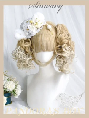 Blonde curly twin ponytail lolita wig with blunt bangs white floral hair clip vintage frame display