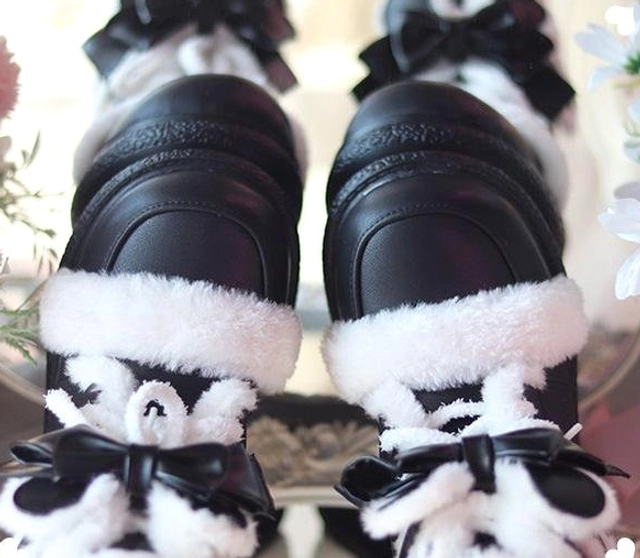 White and black lolita winter boots color options showcase displaying both classic white sweet lolita style and gothic black lolita aesthetic variants