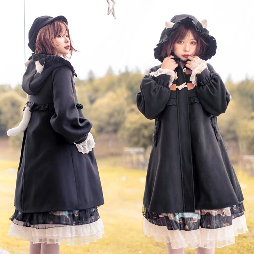 Lolita winter coat side profile view silhouette A-line cut layering over lolita coordinate ruffled details visible