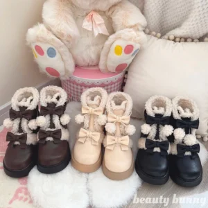 Lolita winter furry snow boots with bowknot accents and shearling fleece collar chunky platform soles overhead view