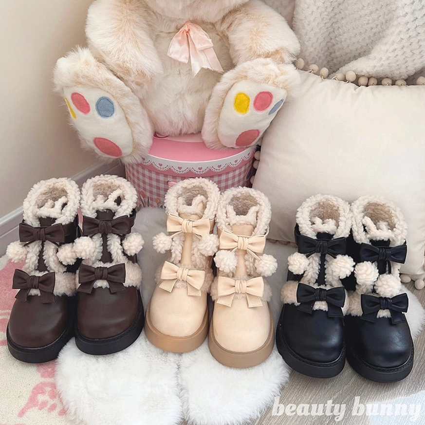 Lolita winter furry snow boots with bowknot accents and shearling fleece collar chunky platform soles overhead view