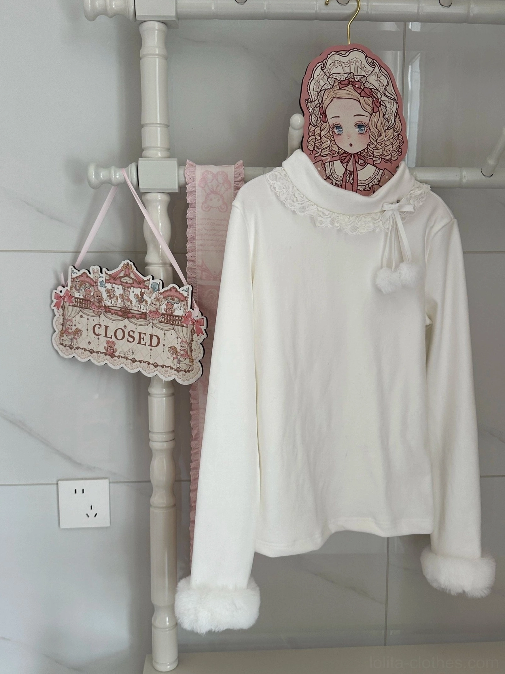 Lolita winter innerwear white no fuzzy cuff base layer with lace turtleneck and gentle stretch fabric displayed flat lay
