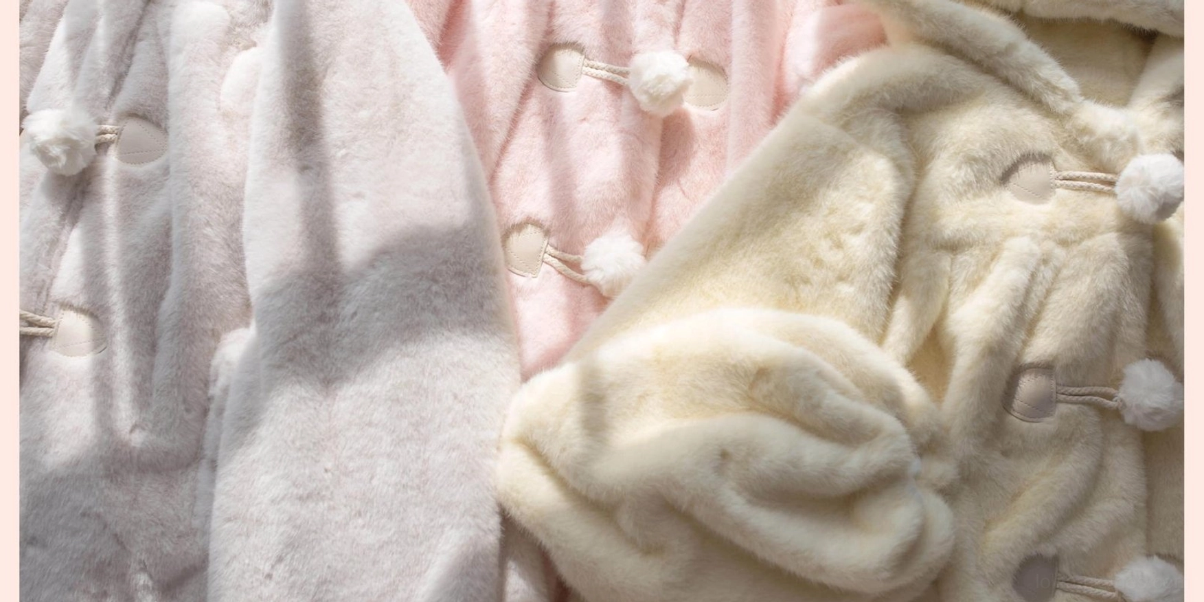 Lolita winter thickened fluffy overcoat in all available colors cream yellow light pink light gray showing color options and bear ear hood variations