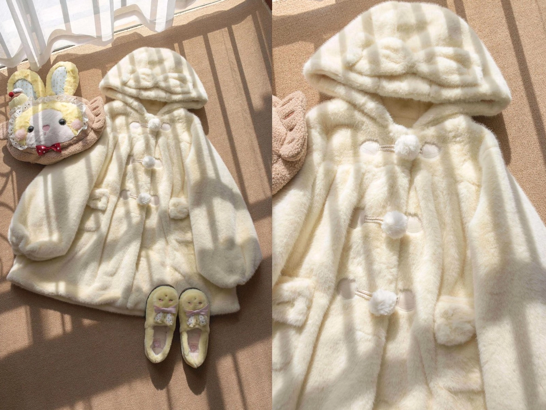 Lolita winter thickened fluffy overcoat in cream yellow featuring bear ear hood design, pom-pom toggle buttons, ruffled hem and oversized loose silhouette detail