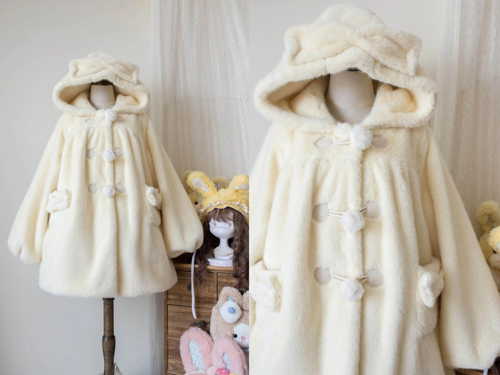 Dual mannequin display of cream yellow lolita winter thickened fluffy overcoat showing matching bear ear hoods, pom-pom buttons and uniform loose fleece design