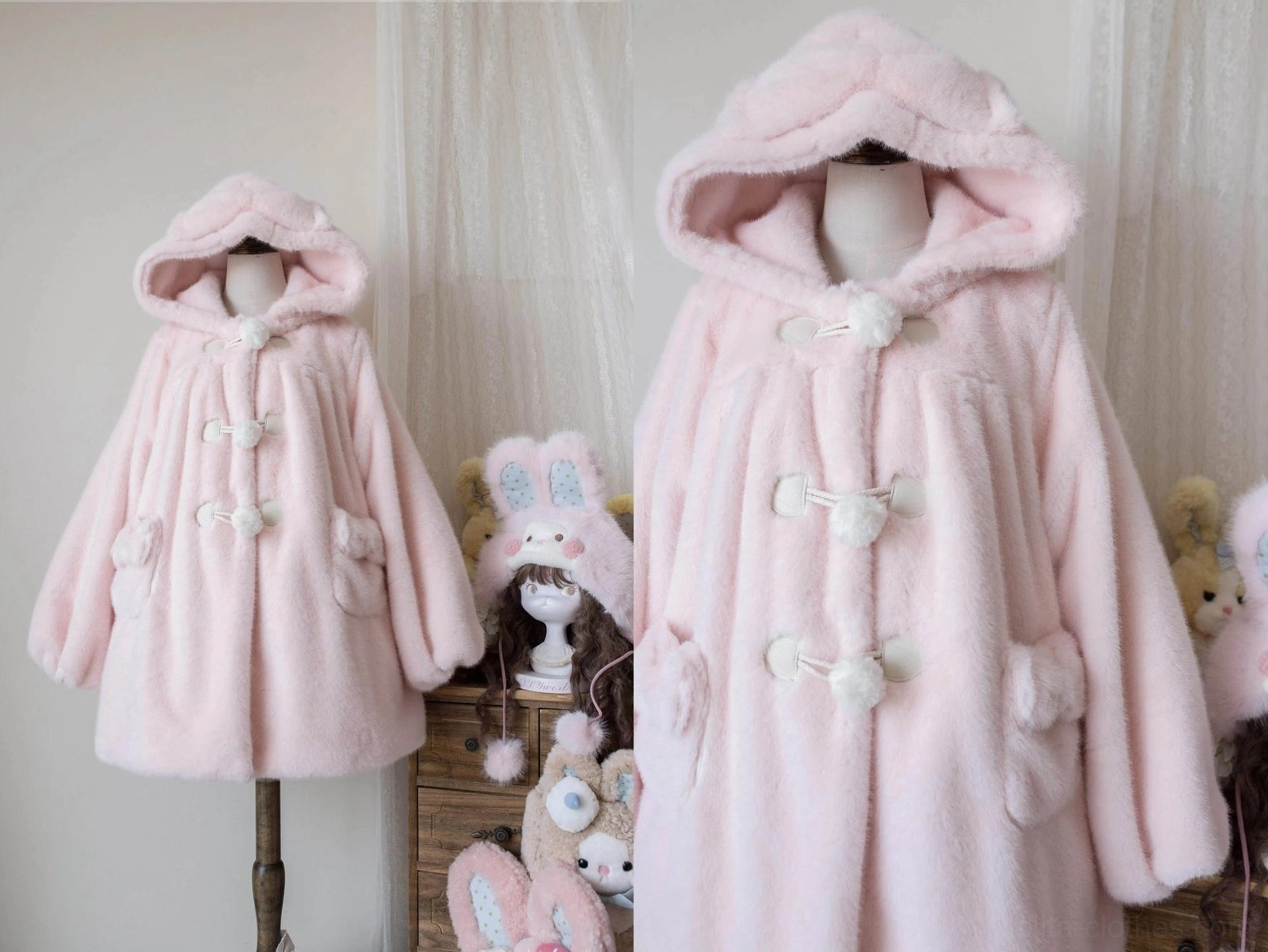 Lolita winter thickened fluffy overcoat in multiple colorways showing cream yellow, light pink and gray options with bear ear hoods and pom-pom buttons
