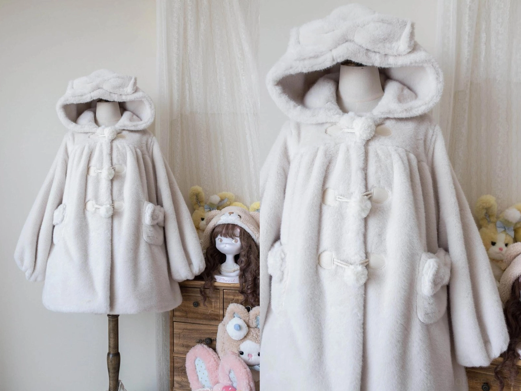 Lolita winter thickened fluffy overcoat with soft short velour lining shown in flat lay, demonstrating interior comfort and quality construction details