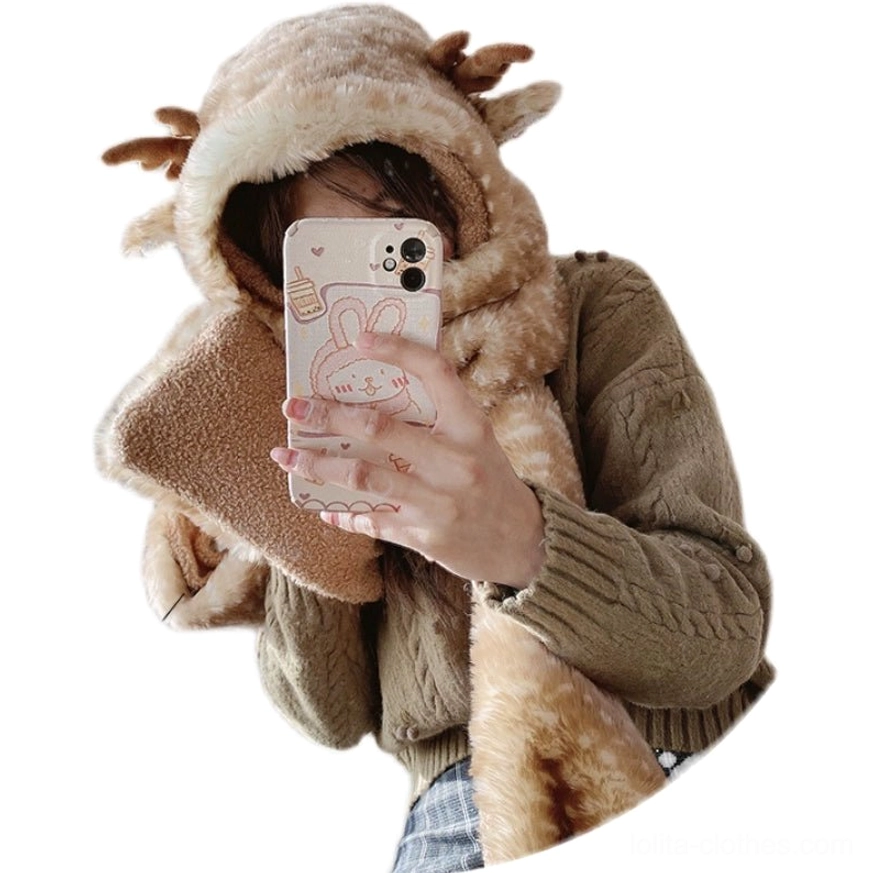 Close-up front view of winter lolita 3-in-1 plush set with deer antler hood, soft fuzzy spotted pattern, integrated scarf and hand warmer gloves, kawaii animal ear design detail