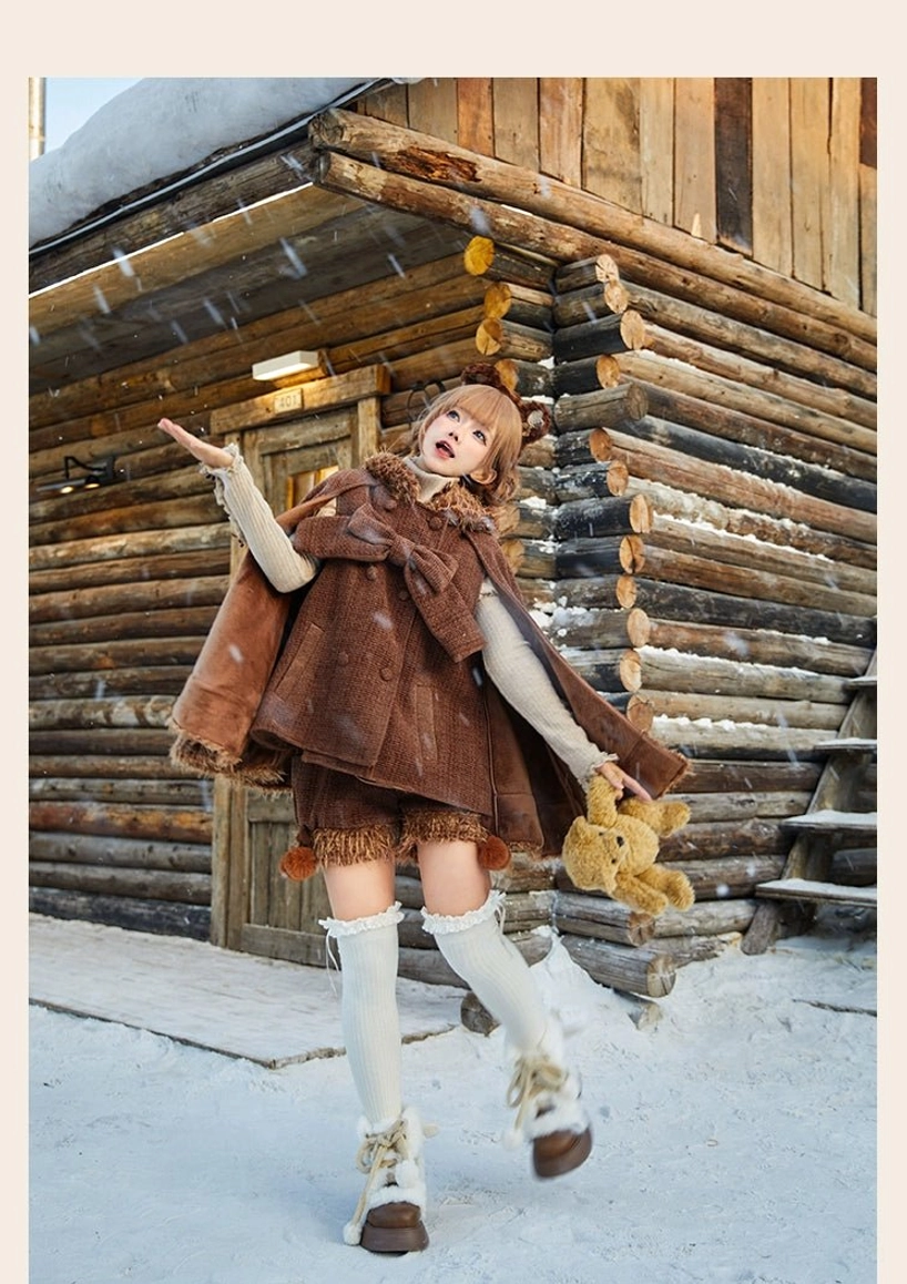 Winter lolita styling guide showing complete ensemble coordination including cape shorts white tights knee-high socks and themed footwear accessories for authentic kawaii look