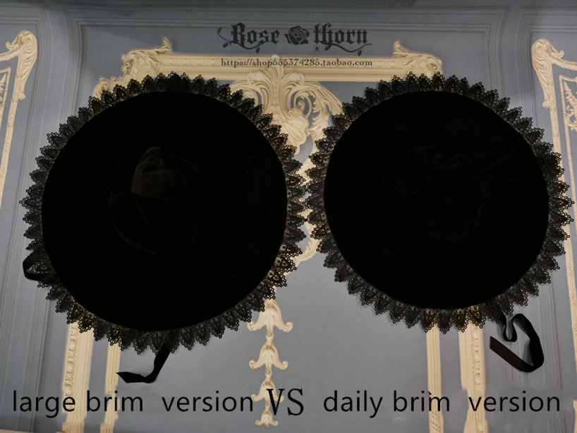 Comparison flat lay of two witch hat brim versions - large brim versus daily brim - black velvet with lace edge and ribbon fastener detail