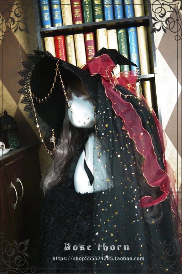 Lolita witch hat styling guide showing coordination with gothic lolita dresses, velvet skirts and knee-high boots for fashion events