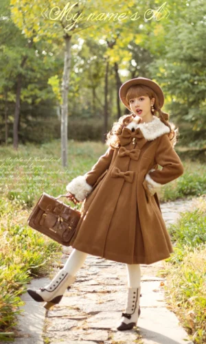 Lolita coat side three-quarter view caramel tone wool with faux fur collar cuffs and chest bow decorations