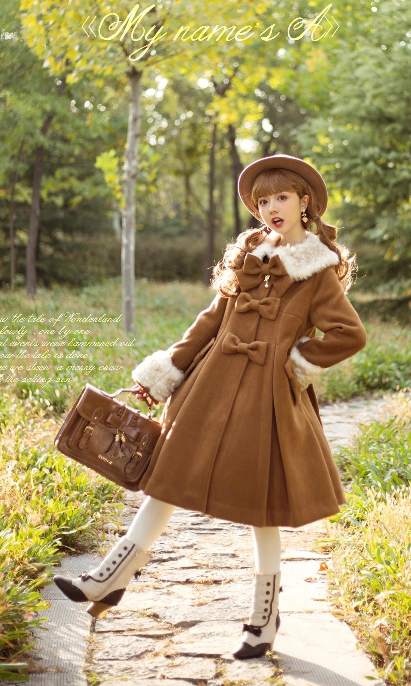 Lolita coat side three-quarter view caramel tone wool with faux fur collar cuffs and chest bow decorations