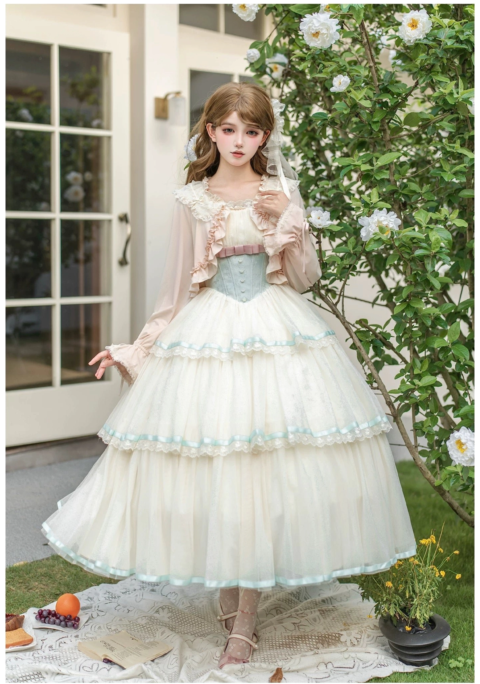 Long classic lolita corset JSK dress full front view tiered tulle skirt fitted waist square neckline