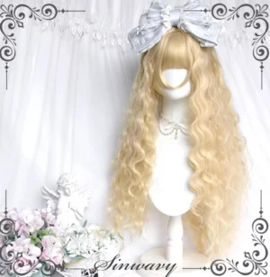 Long wavy blonde synthetic Lolita wig with loose curls and large silver bow hair accessory on mannequin, showcasing full front silhouette and doll-like aesthetics