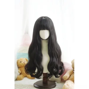 Long wavy black curly lolita wig with blunt bangs full front display on mannequin in cute teddy bear themed background