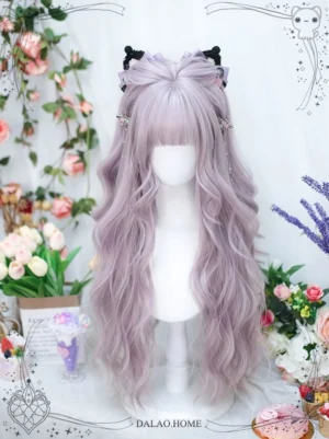Long curly sweet lolita lavender wig straight frontal display on mannequin with matching decorative hair ornaments and floral backdrop