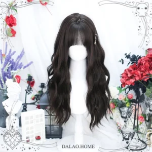 Voluminous long curly lolita wig with air bangs and side swept styling displayed on white mannequin head with vintage floral and ornate accessories