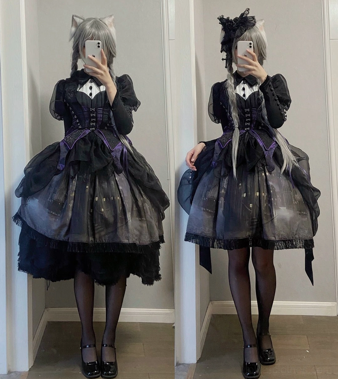 Long gothic lolita skirt full-length view with elastic waist drawstring design, 360-degree ruffle hemline showing dramatic layered construction, flowing chiffon and lace composition