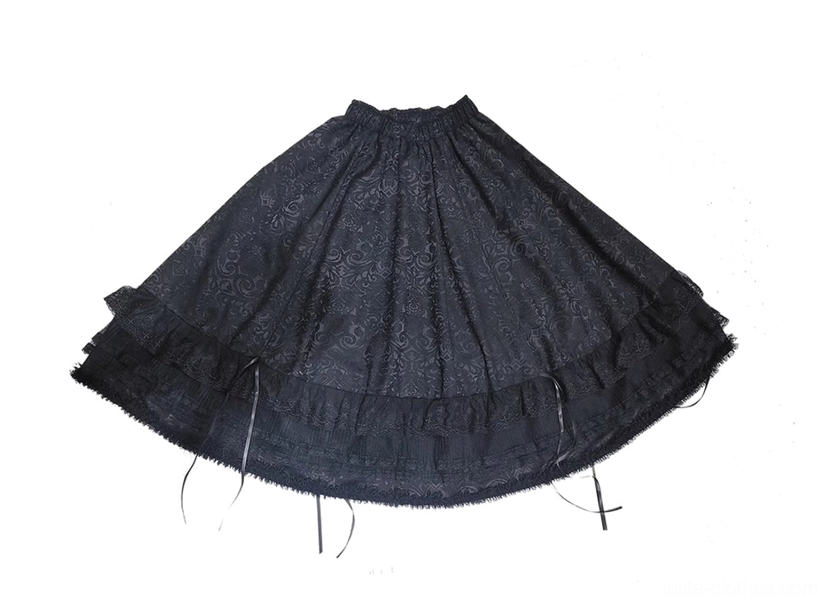 Long gothic lolita skirt individual display showing full 82cm length, dramatic tiered ruffles, elastic waist with drawstring, and monochromatic color variants in black and white