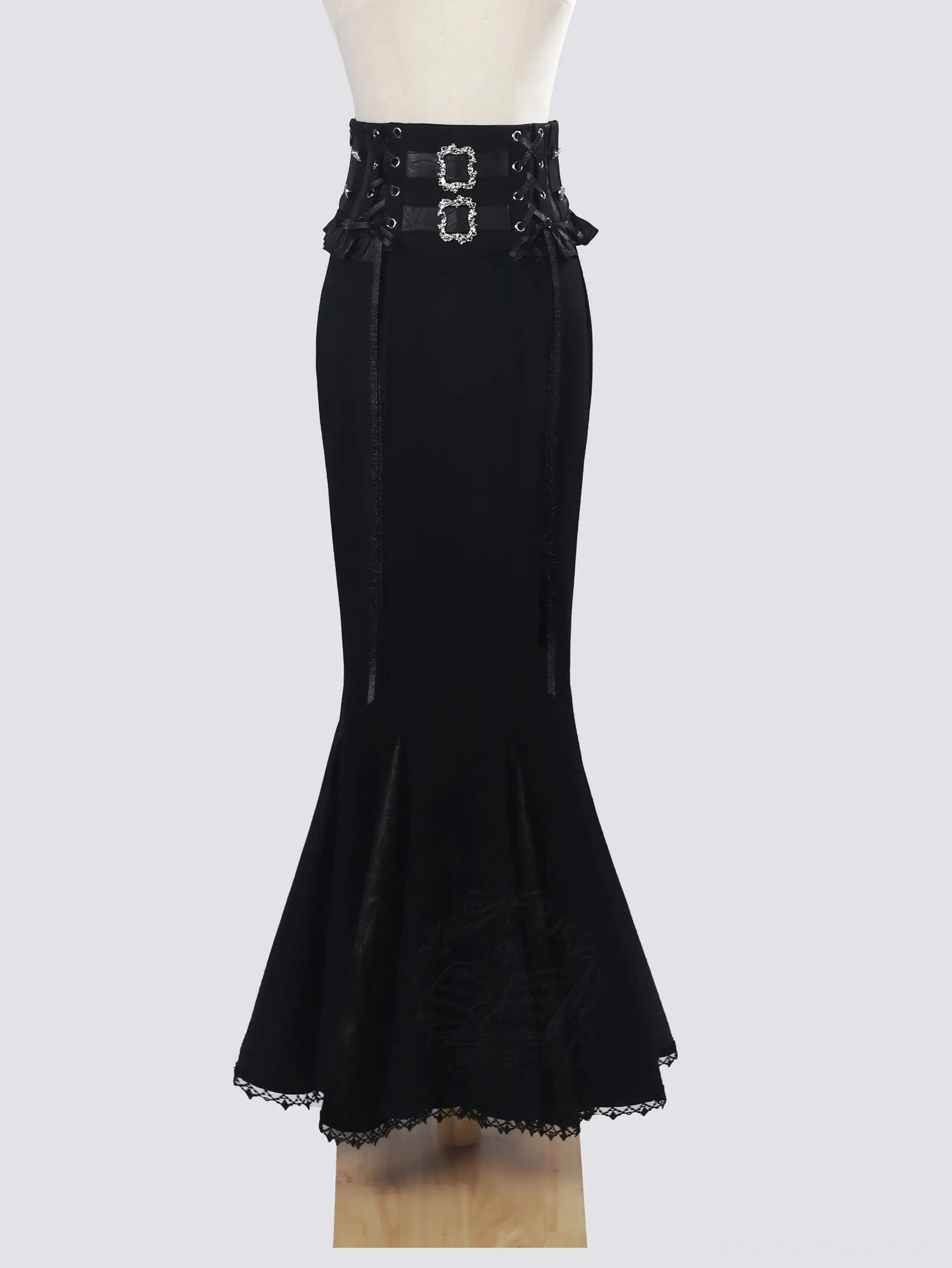 Long fishtail mermaid skirt ouji lolita solid black silhouette lace trim hem high-waisted decorative double-buckle corset waistband elegant