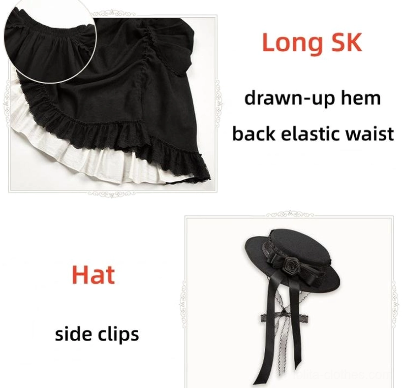 Close-up flat lay detail shots of long SK and boater hat accessory showing drawn-up front hem design on long skirt, back elastic waist for flexible fit, hat decorated with decorative side clips and detachable ribbon tie, matching matte black woven fabric with consistent ruffled trim