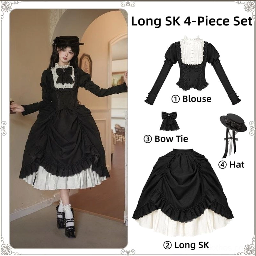 Split view layout: left side shows single model in vintage arched hallway wearing long SK four-piece lolita set with fitted boned bodice and flowy ruffled skirt hem; right side displays flat lay product breakdown showing all components including lace blouse, long ruffled skirt, bow tie, and boater hat