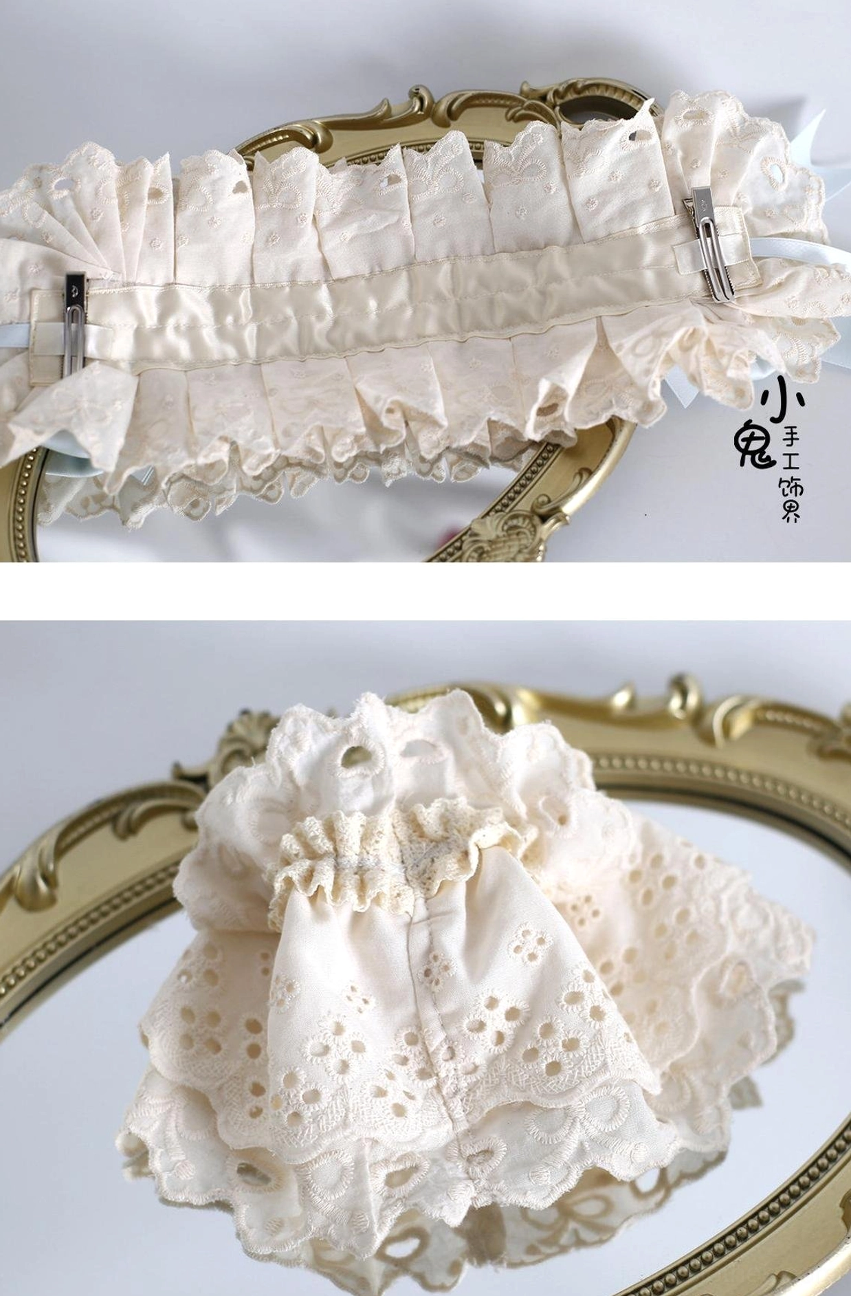 Loose mini hat lolita hair clip accessory cream frilled lace base with sky blue double satin bows elegant sweet lolita style
