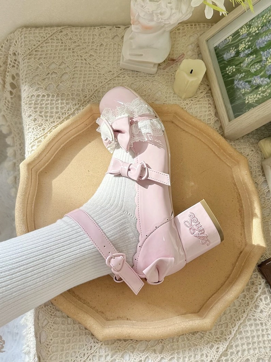 Sweet lolita mary jane heels in lotus pink color deeper romantic hue classical refined coordinates lace bow embellishments decorative details