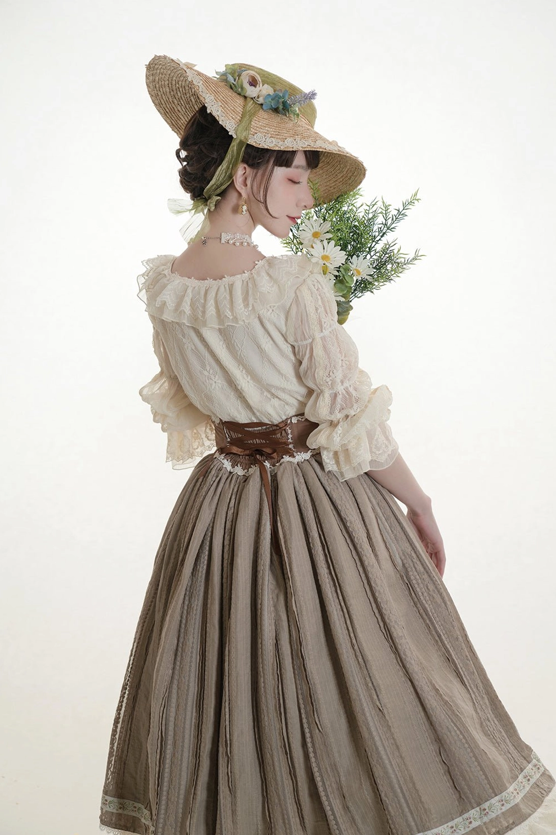 Lotus root lolita blouse back view lace ruffle and segmented sleeve construction