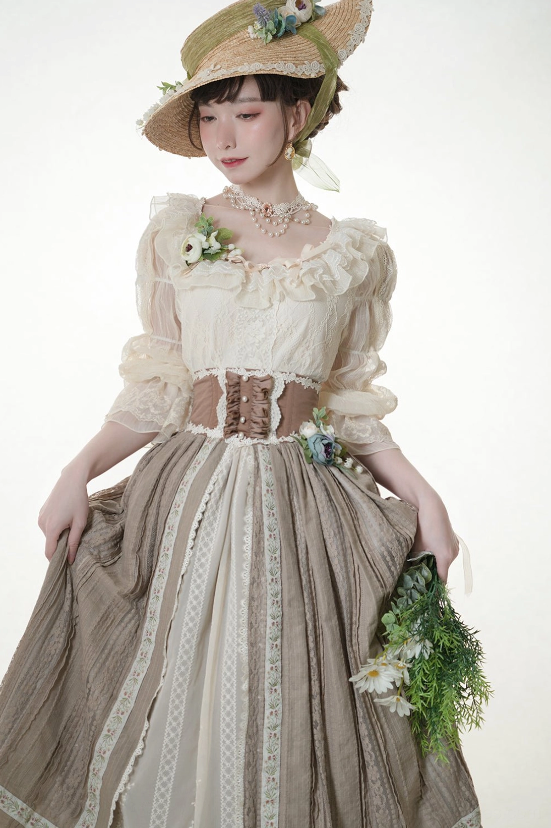 Lotus root sleeve lolita blouse ivory cream with square collar and lace ruffle detailing front view