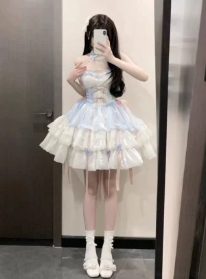 Backless halter lolita jumper skirt dress back view showing layered tulle skirt and low-cut shirring design