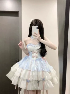 Love Goddess lolita halter JSK dress front view with lace bodice and multi-layer ruffled skirt