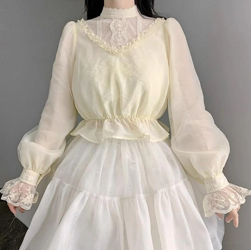Love Poem cream classic lolita inner top front medium shot sheer organza sleeves lace-trimmed stand collar white ruffled skirt
