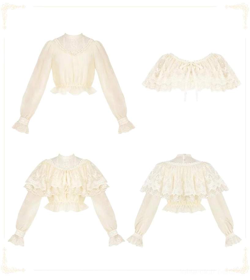 Love Poem cream beige lolita blouse coordinates with tiered tulle skirt complete look