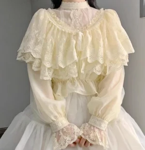 Love Poem classic lolita cream blouse front view with edwardian stand collar delicate lace v-neck mesh overlay embroidered lantern sleeves white tiered tulle skirt