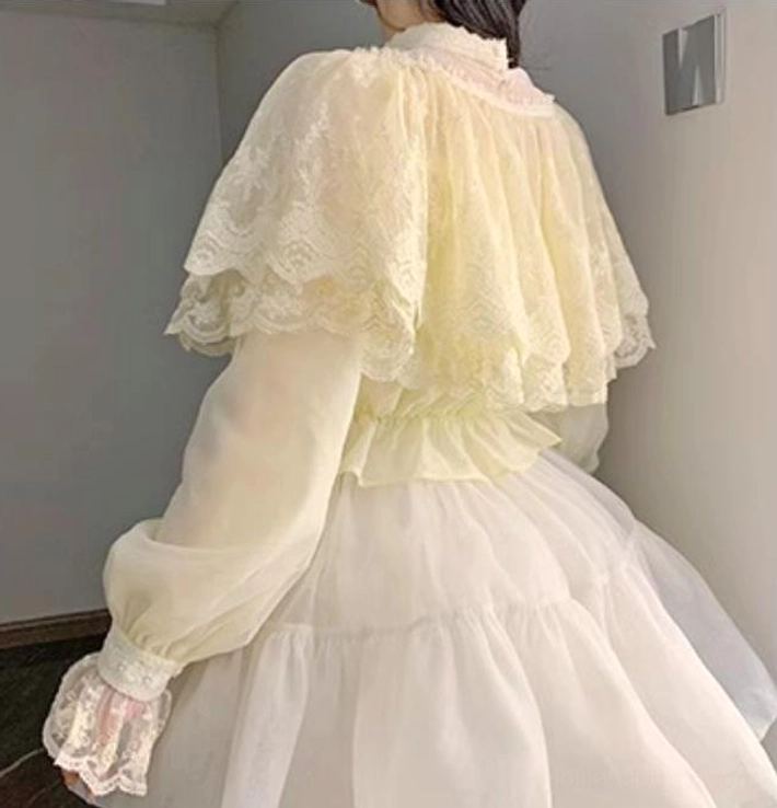 Love Poem cream ruffled lolita blouse back overhead view layered lace capelet design white tulle skirt