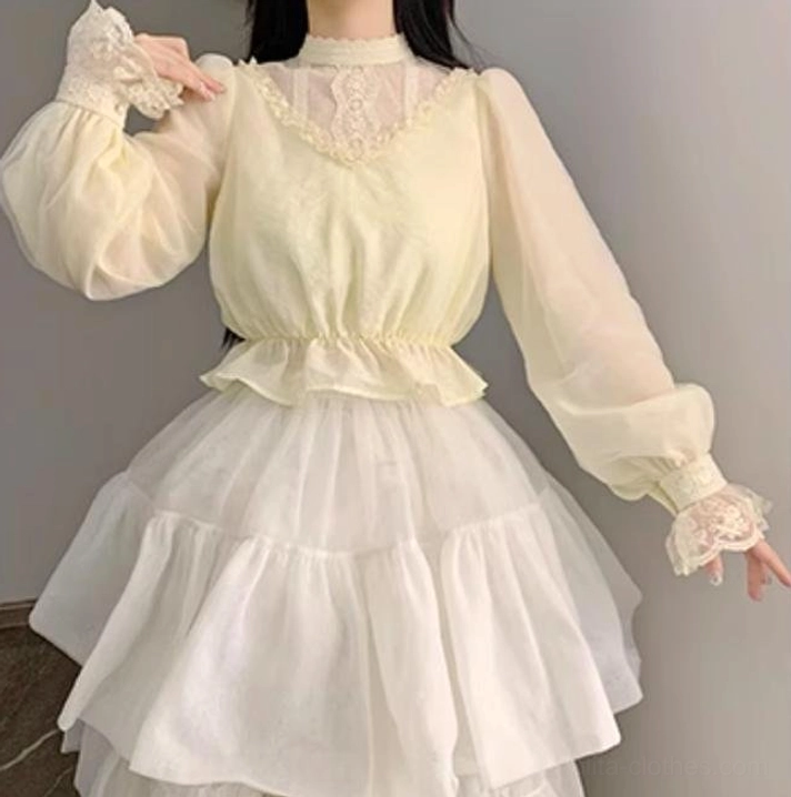 Love Poem cream lolita long sleeve blouse three-quarter front view elastic gathered waist lace collar cuffs white ruffled tulle skirt